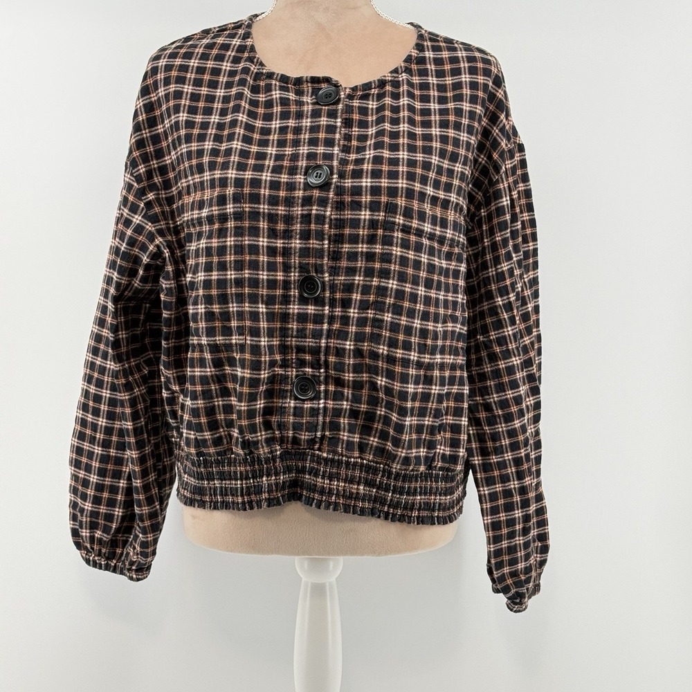 BP Womens 2X Plaid Button Down Cropped Top Blouse Long Sleeve‎ Fall Autumn Color